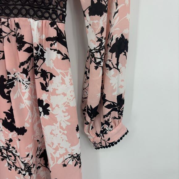 136. Sam Edelman Dress SZ 10 Pink Black Floral V-Neck Bishop Boho Romantic Flowy - Picture 6 of 12